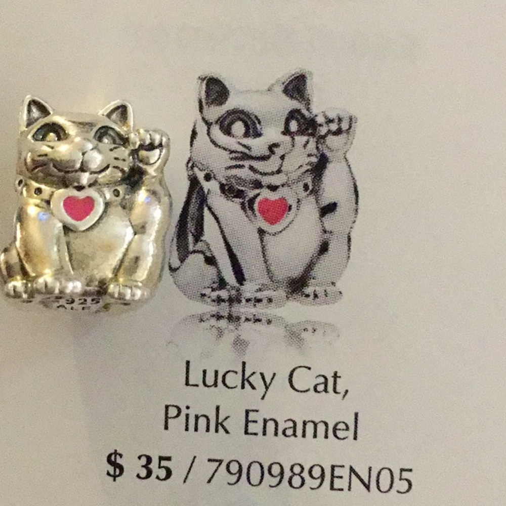 Pandora Lucky Cat w/ Pink Enamel Heart Charm NEW
